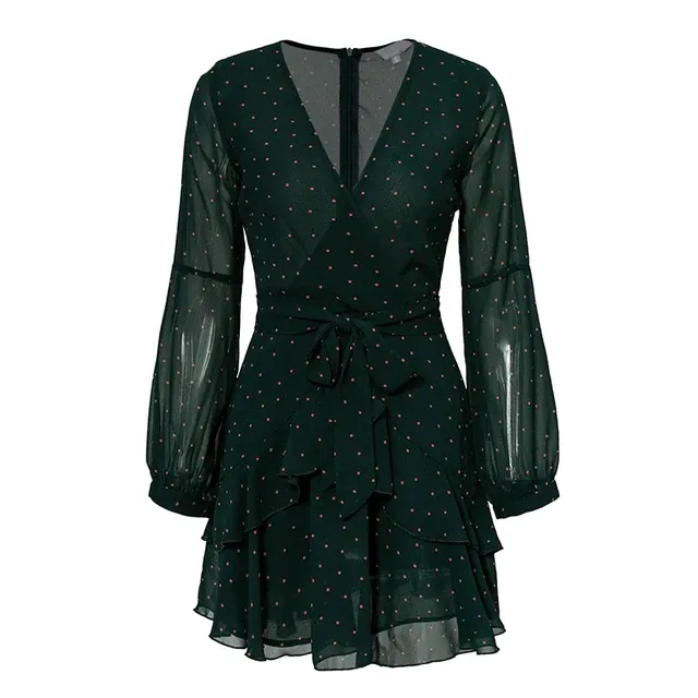 Polka Dot Pink Ruffle Mesh Long Sleeve Vintage Dresses