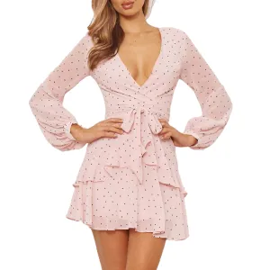Polka Dot Pink Ruffle Mesh Long Sleeve Vintage Dresses