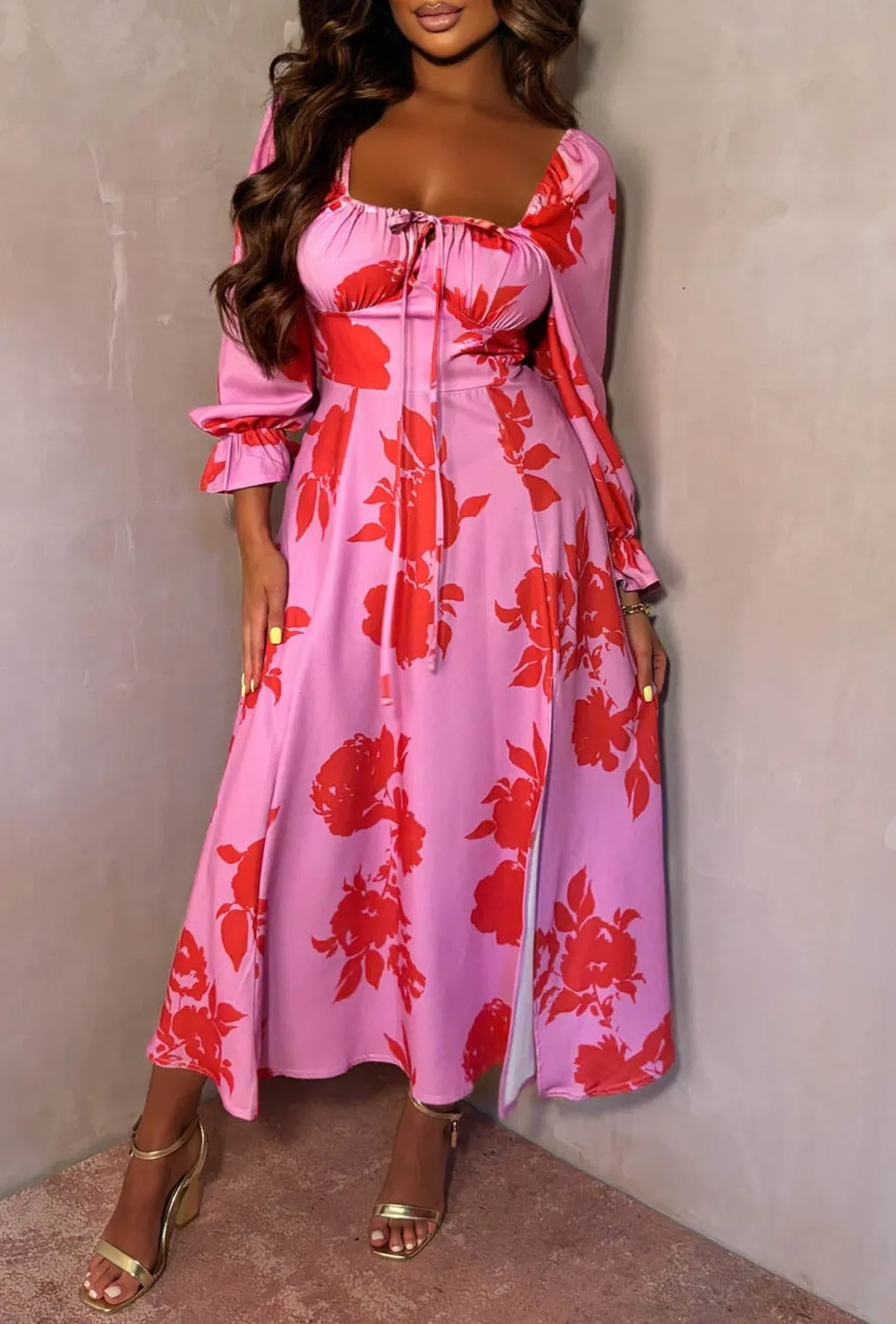 Pretty Vibe Pink Floral Long Sleeve Milkmaid Style Midi Dress