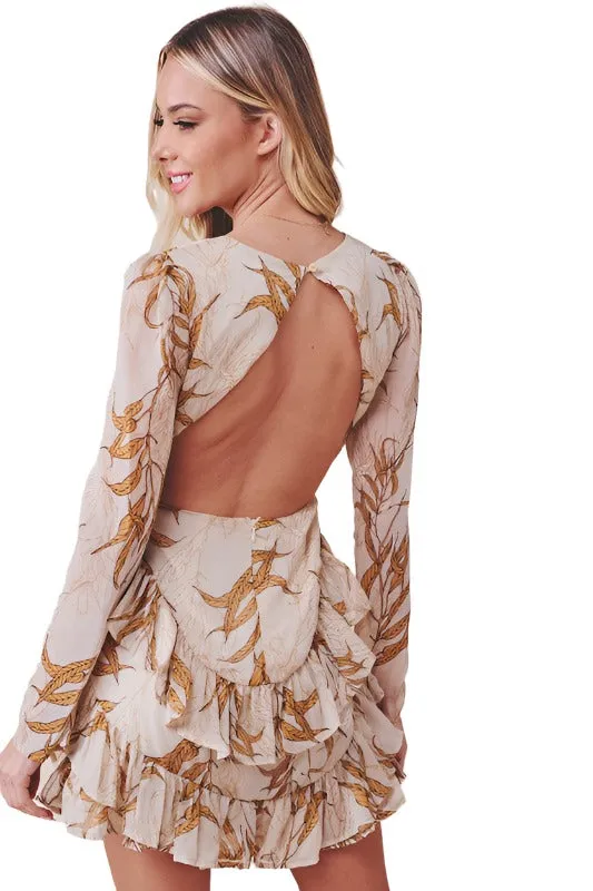 Printed Ruffle Long-Sleeved Tiered Mini Dress