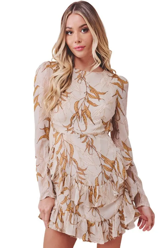 Printed Ruffle Long-Sleeved Tiered Mini Dress
