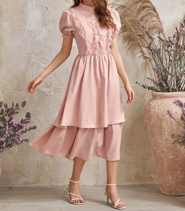 Puff Sleeve Lace Trim Buttoned Layered Ruffle Dress