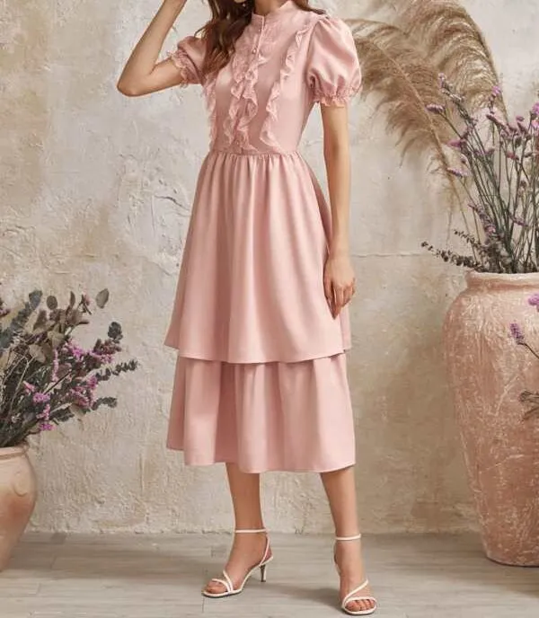 Puff Sleeve Lace Trim Buttoned Layered Ruffle Dress