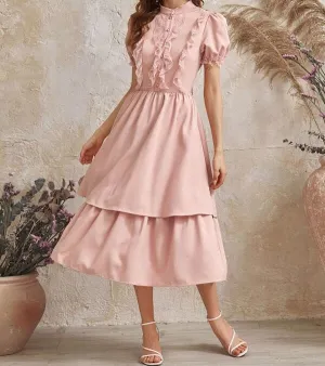 Puff Sleeve Lace Trim Buttoned Layered Ruffle Dress