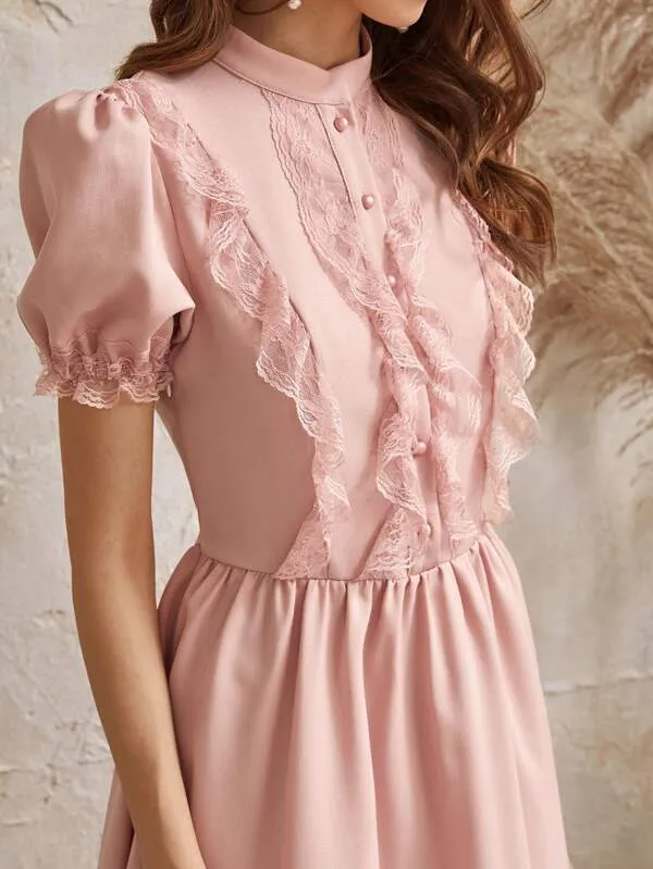 Puff Sleeve Lace Trim Buttoned Layered Ruffle Dress