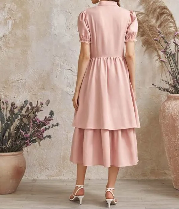 Puff Sleeve Lace Trim Buttoned Layered Ruffle Dress