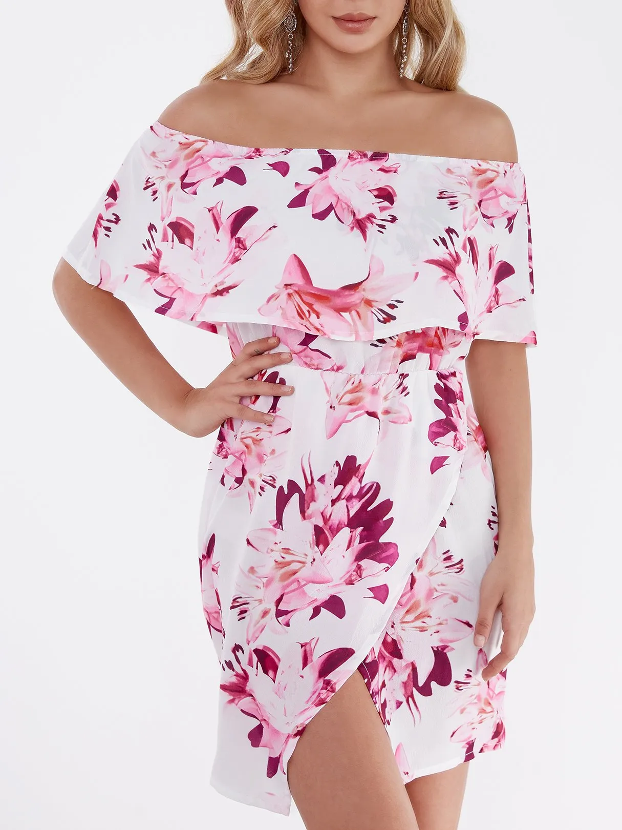 Random Floral Print Off Shoulder Tiered Dress