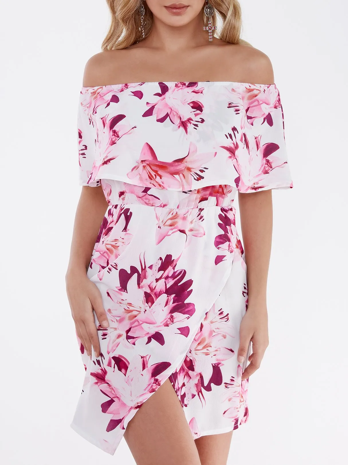 Random Floral Print Off Shoulder Tiered Dress