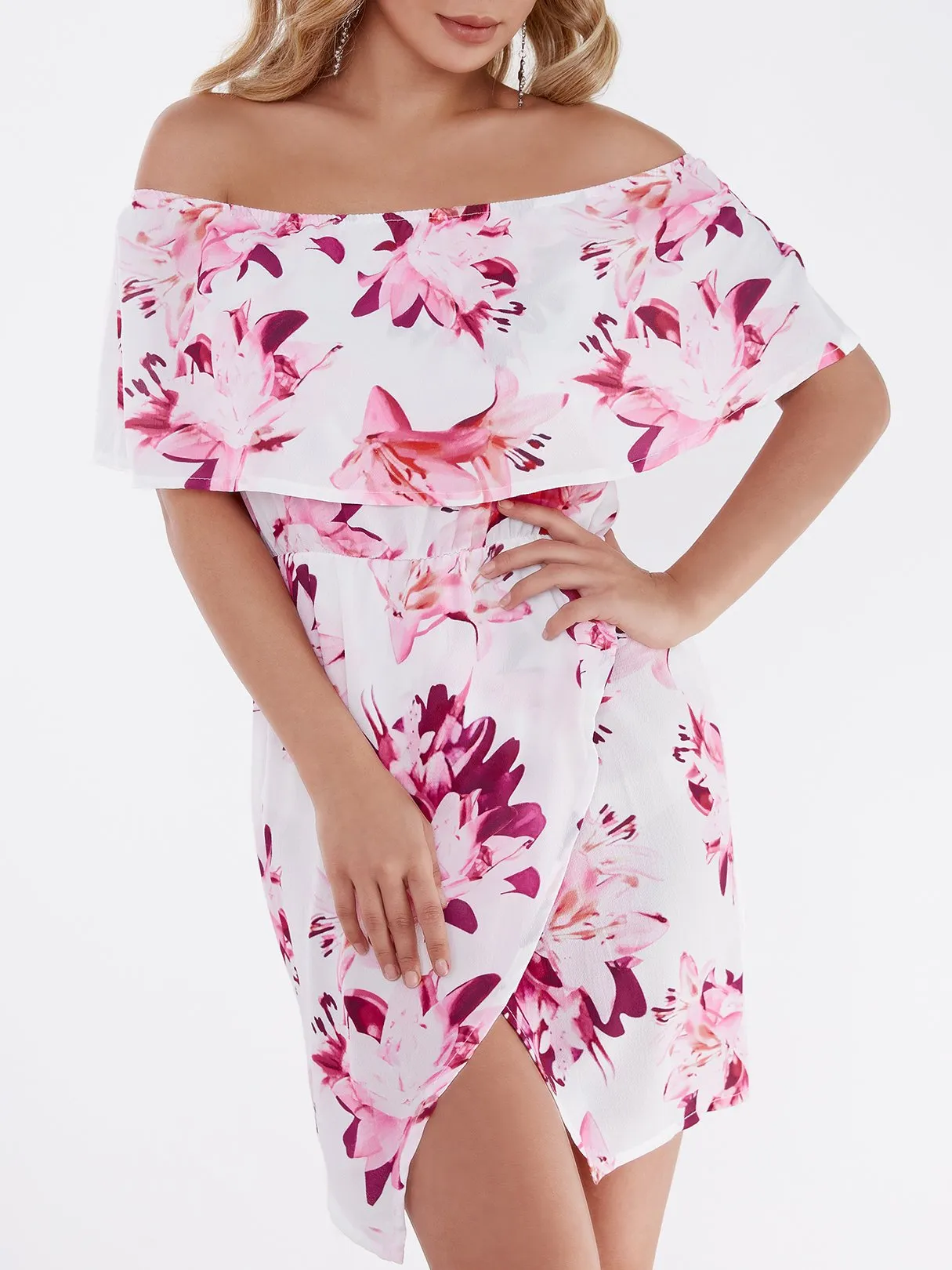 Random Floral Print Off Shoulder Tiered Dress
