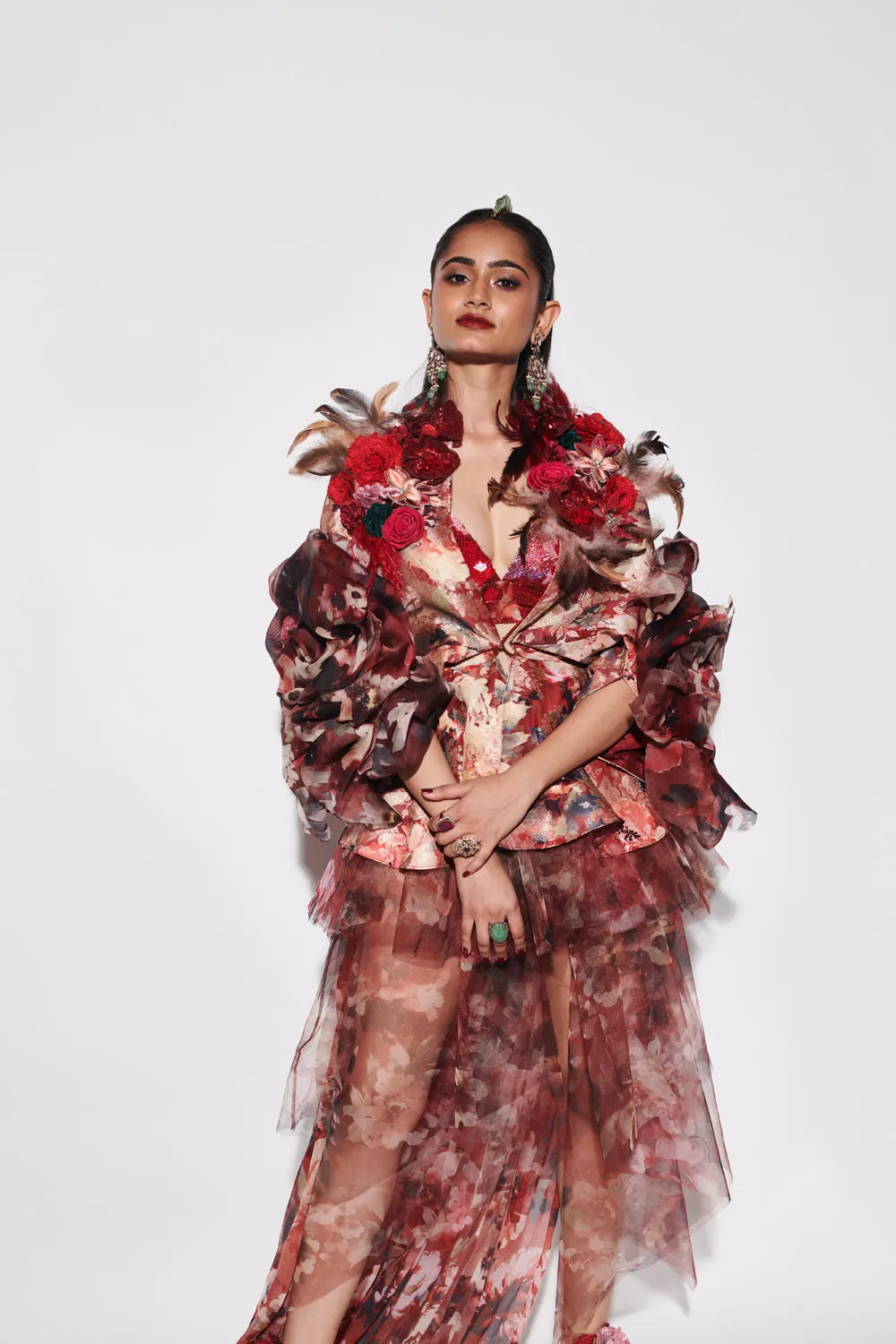 Red Printed Brocade Vanya Dress With Bralette