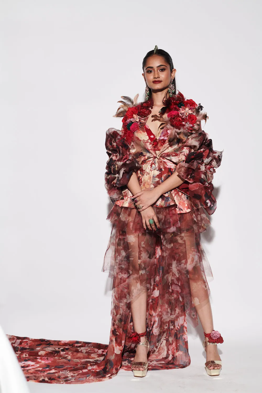Red Printed Brocade Vanya Dress With Bralette