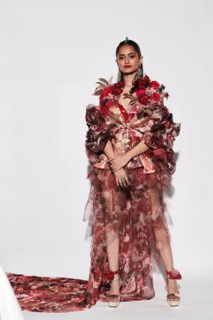 Red Printed Brocade Vanya Dress With Bralette