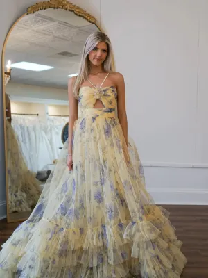 Rita | Pink Print Halter Keyhole A-Line Long Prom Dress