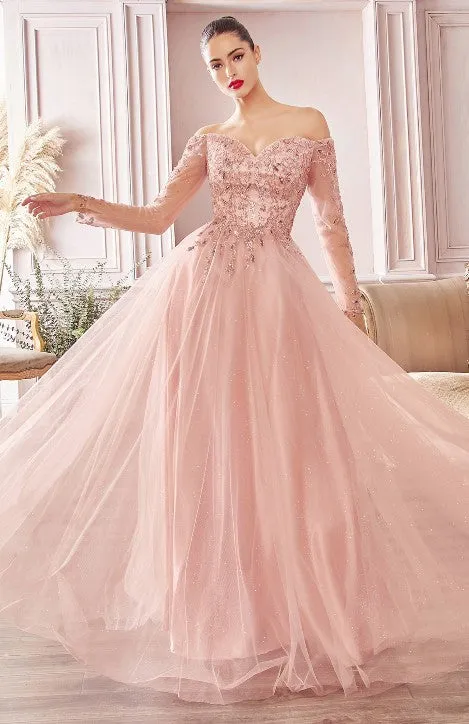 Rose Gold  A-line Off The Shoulder Layered Tulle Gown