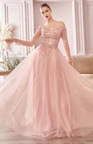 Rose Gold  A-line Off The Shoulder Layered Tulle Gown