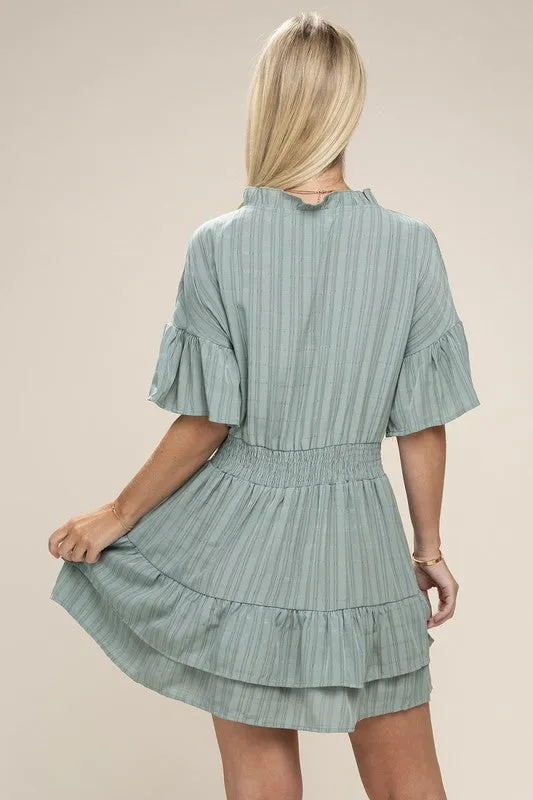 Sage Tie Neck Ruffle Sleeve Layered Hem Dress