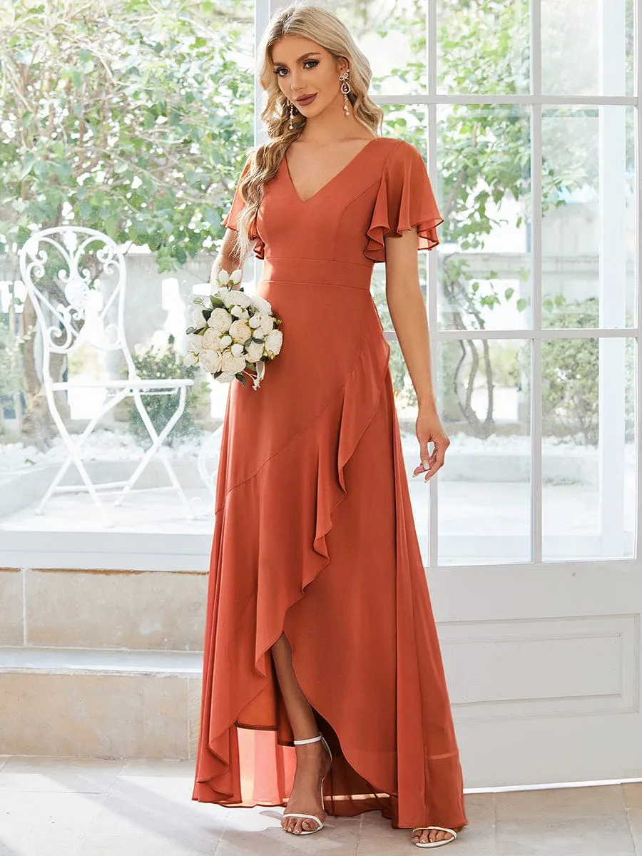 Sharana burnt orange sleeved hi low bridesmaid dress Express NZ wide