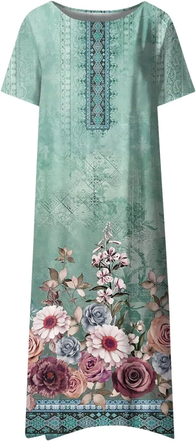 Short Sleeve Dress Womens Summer Round Neck Basic Dresses Floral Print 2024 Loose Ladies Pocket Daily Midi Dresses
