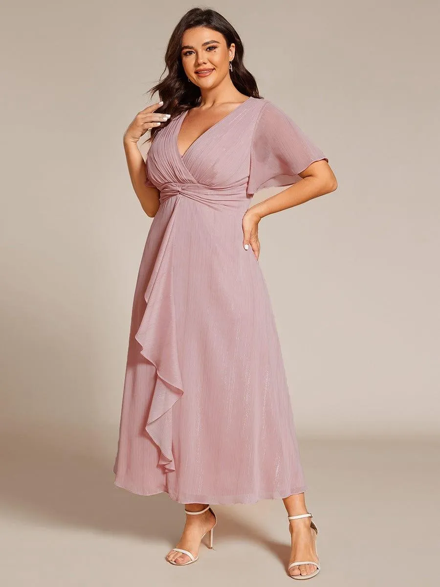 Silver Metallic Fabric V-Neck A-Line Evening Dress Featuring Delicate Ruffled Hem