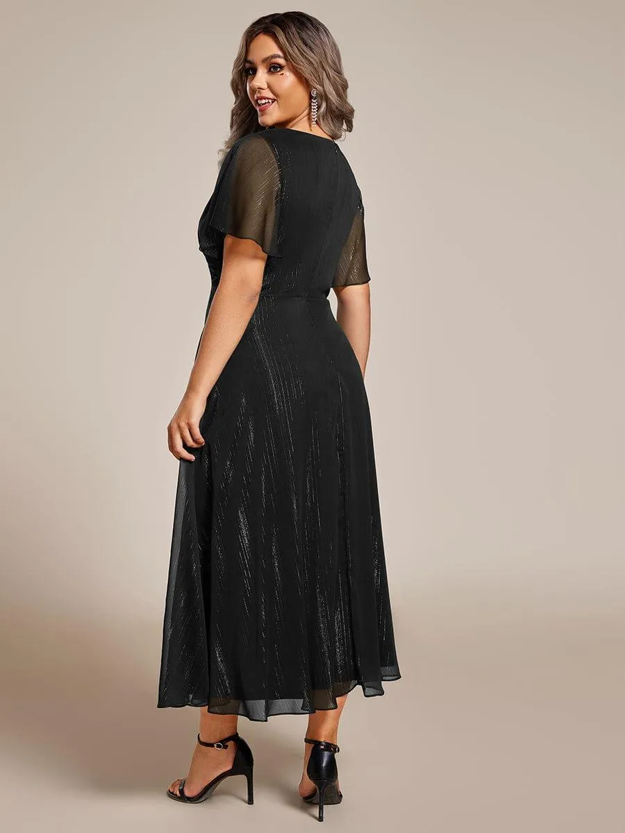 Silver Metallic Fabric V-Neck A-Line Evening Dress Featuring Delicate Ruffled Hem