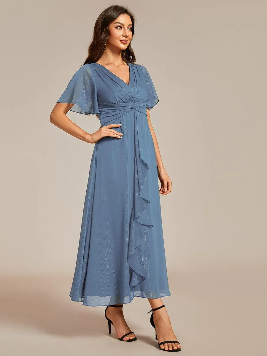 Silver Metallic Fabric V-Neck A-Line Evening Dress Featuring Delicate Ruffled Hem