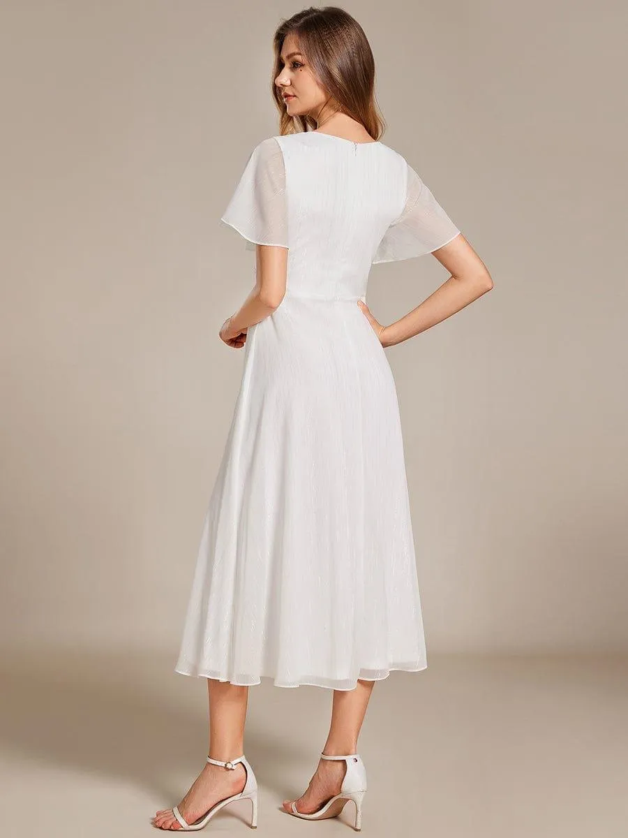 Silver Metallic Fabric V-Neck A-Line Evening Dress Featuring Delicate Ruffled Hem