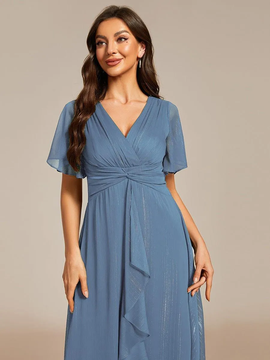 Silver Metallic Fabric V-Neck A-Line Evening Dress Featuring Delicate Ruffled Hem