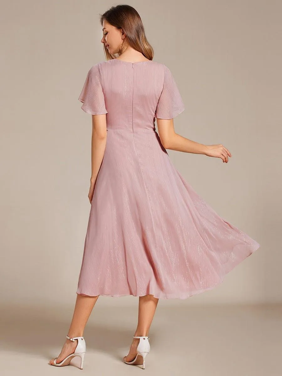 Silver Metallic Fabric V-Neck A-Line Evening Dress Featuring Delicate Ruffled Hem