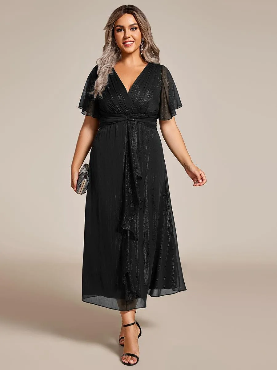 Silver Metallic Fabric V-Neck A-Line Evening Dress Featuring Delicate Ruffled Hem