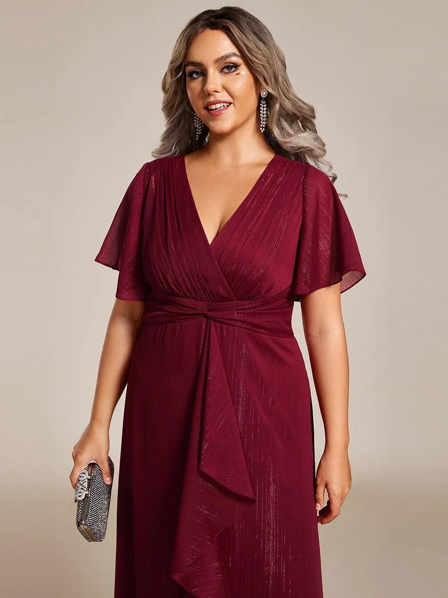 Silver Metallic Fabric V-Neck A-Line Evening Dress Featuring Delicate Ruffled Hem
