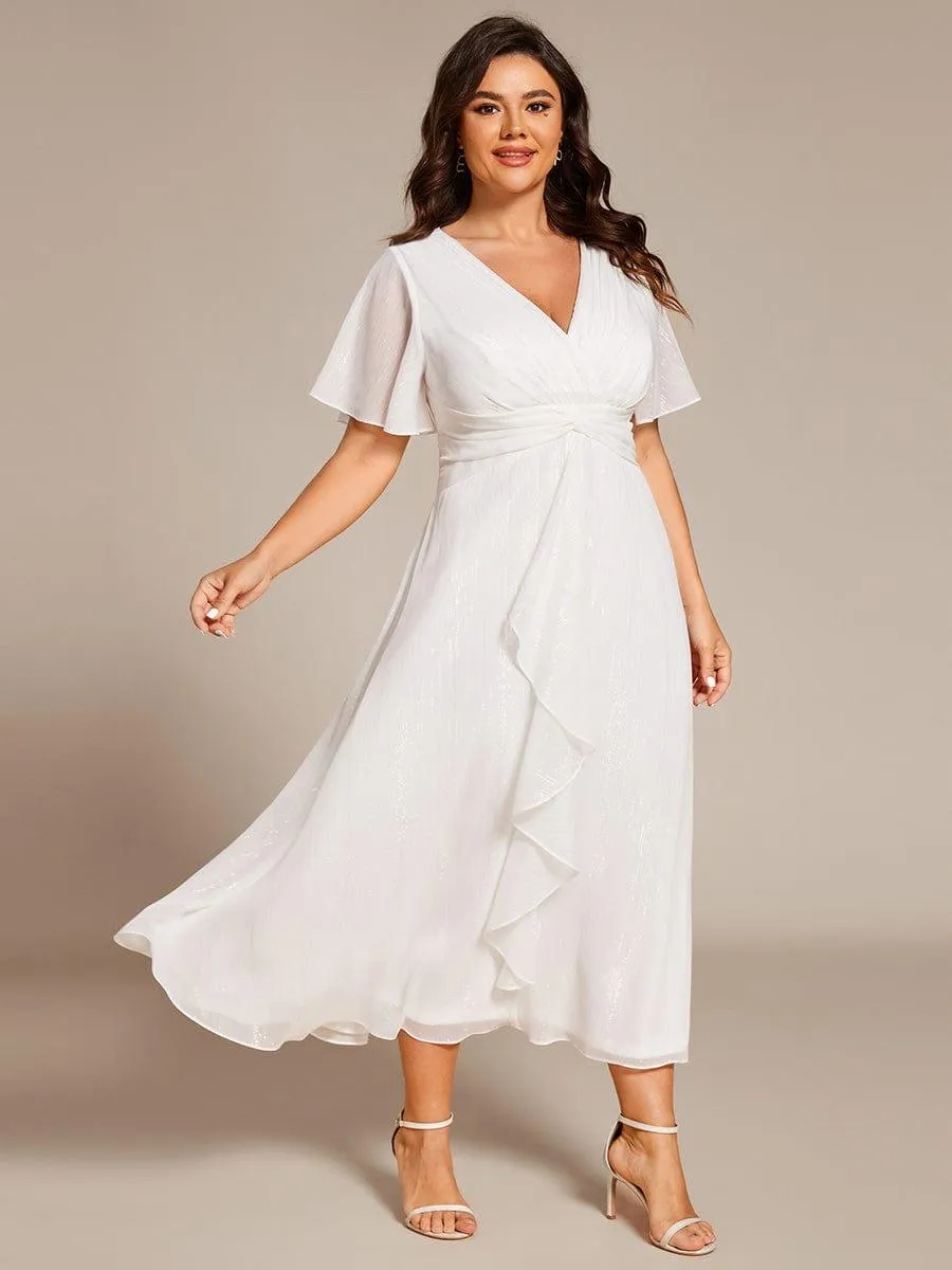 Silver Metallic Fabric V-Neck A-Line Evening Dress Featuring Delicate Ruffled Hem