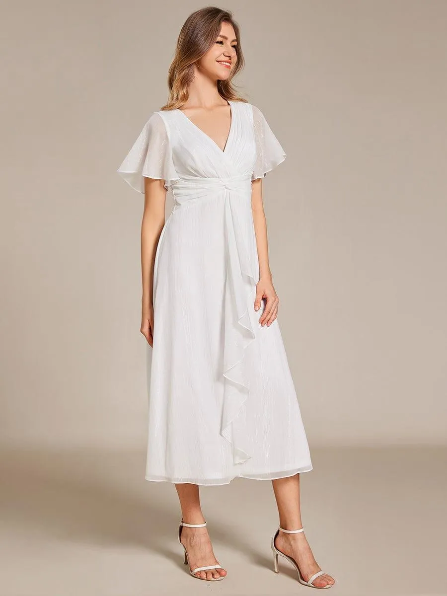 Silver Metallic Fabric V-Neck A-Line Evening Dress Featuring Delicate Ruffled Hem