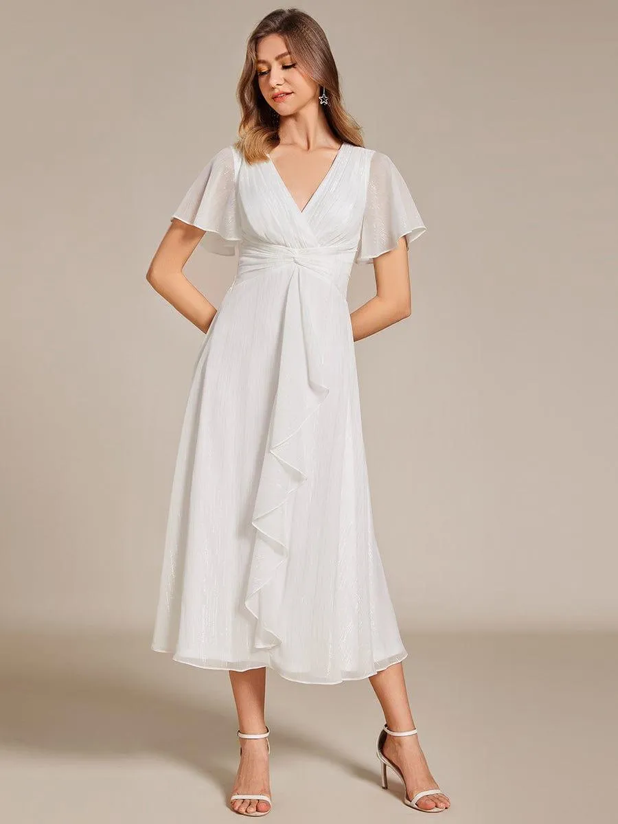Silver Metallic Fabric V-Neck A-Line Evening Dress Featuring Delicate Ruffled Hem