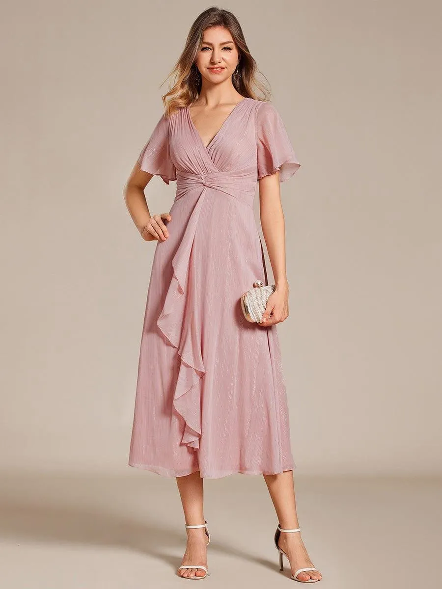 Silver Metallic Fabric V-Neck A-Line Evening Dress Featuring Delicate Ruffled Hem