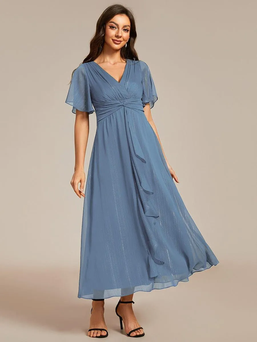Silver Metallic Fabric V-Neck A-Line Evening Dress Featuring Delicate Ruffled Hem
