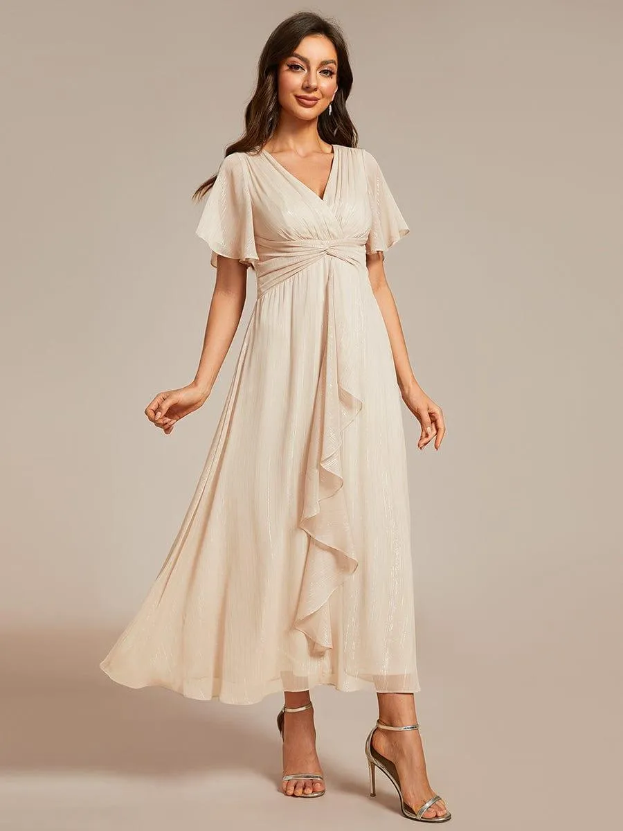 Silver Metallic Fabric V-Neck A-Line Evening Dress Featuring Delicate Ruffled Hem