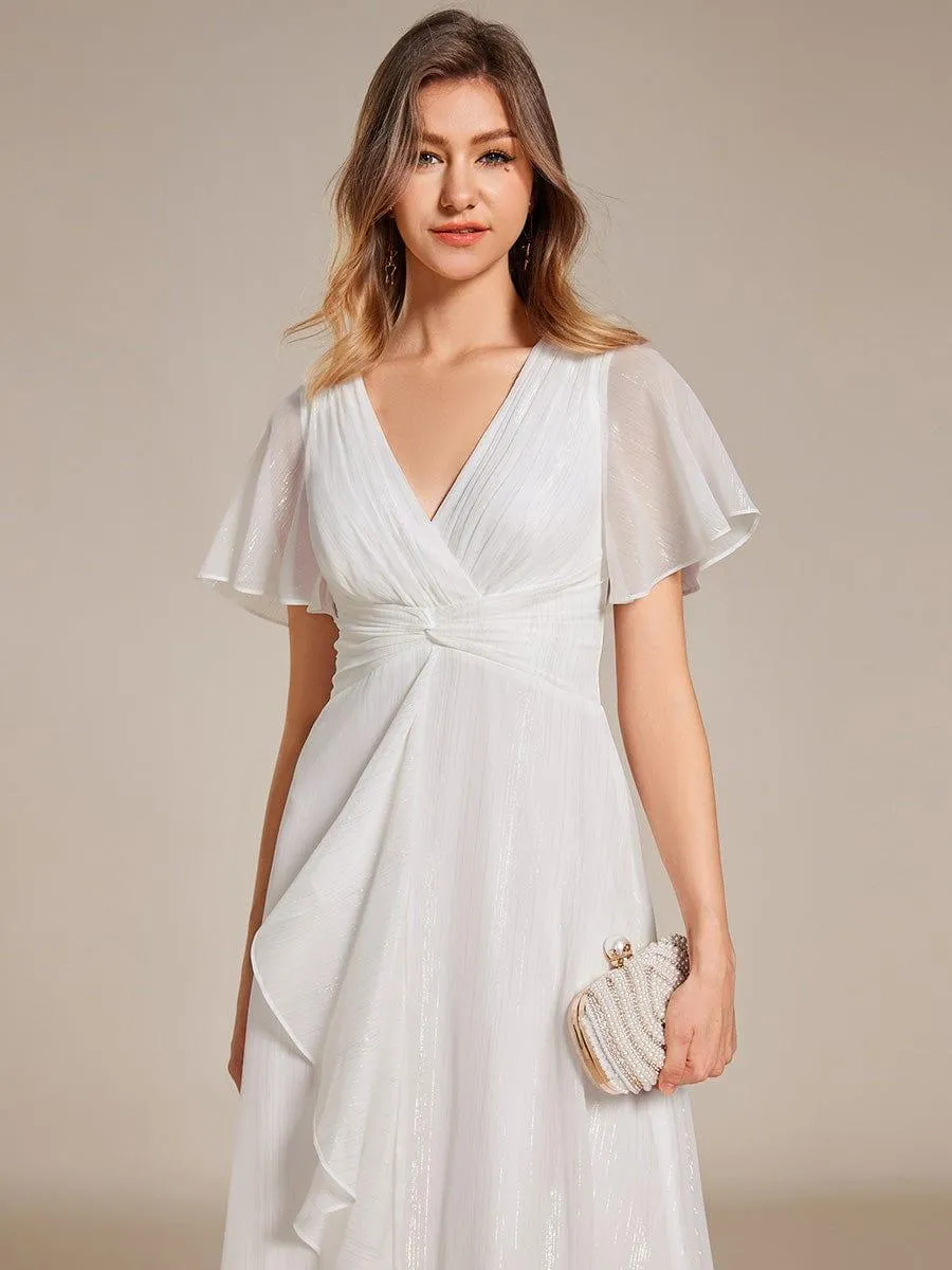 Silver Metallic Fabric V-Neck A-Line Evening Dress Featuring Delicate Ruffled Hem