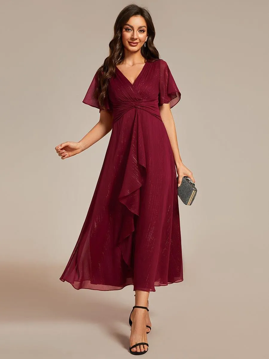Silver Metallic Fabric V-Neck A-Line Evening Dress Featuring Delicate Ruffled Hem
