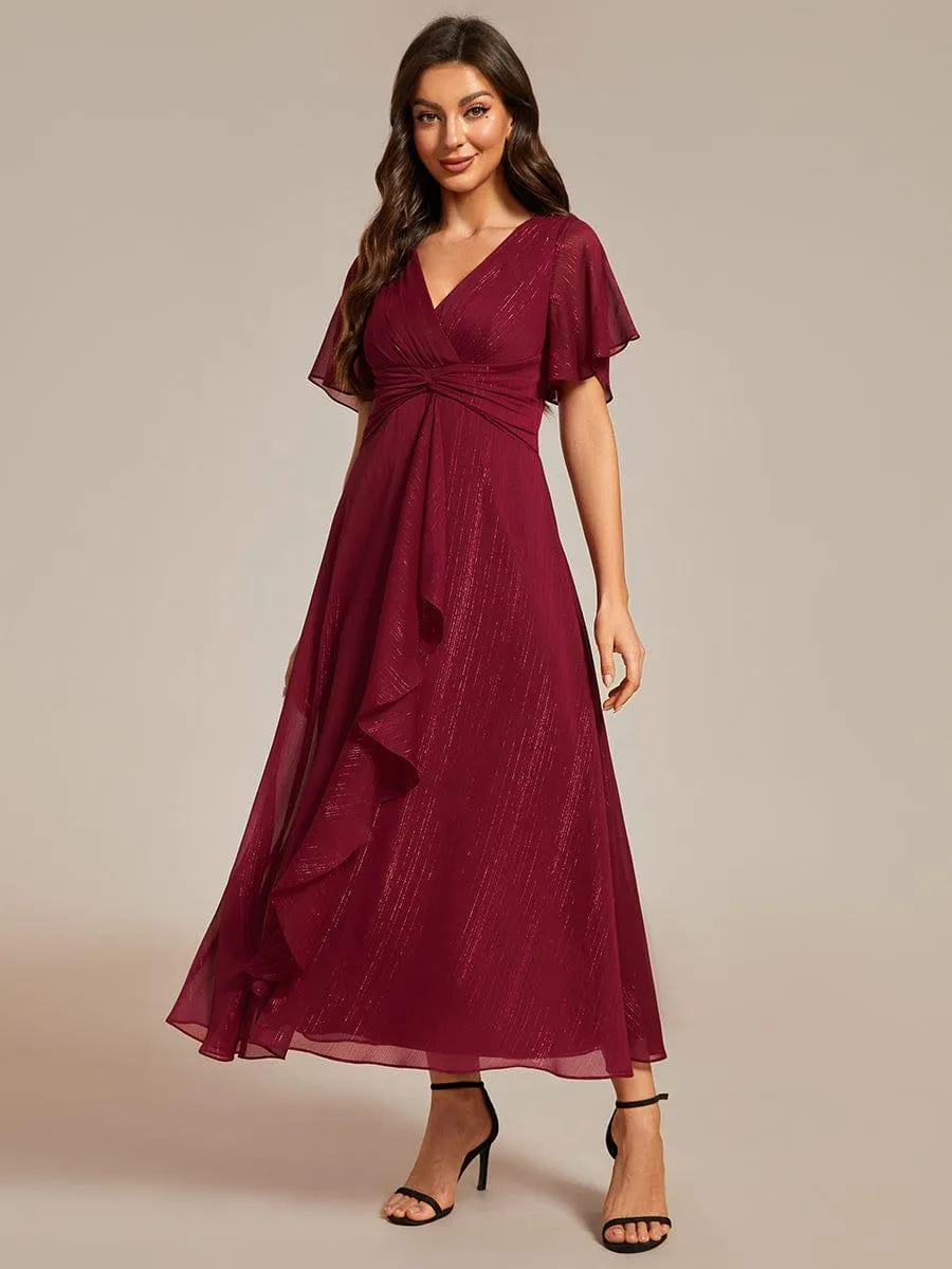 Silver Metallic Fabric V-Neck A-Line Evening Dress Featuring Delicate Ruffled Hem