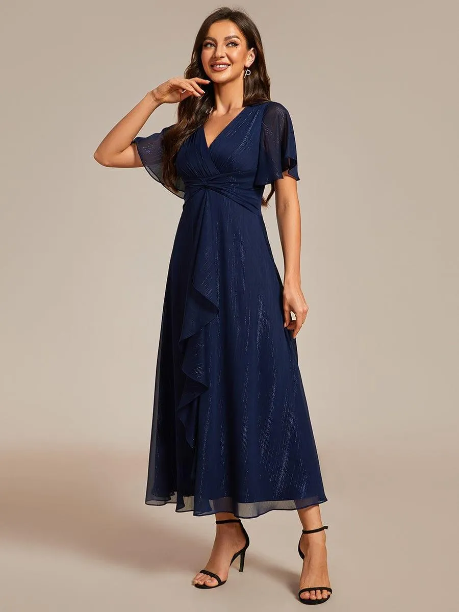 Silver Metallic Fabric V-Neck A-Line Evening Dress Featuring Delicate Ruffled Hem
