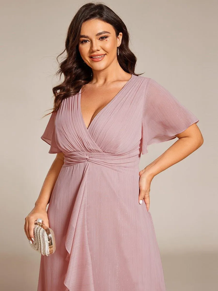 Silver Metallic Fabric V-Neck A-Line Evening Dress Featuring Delicate Ruffled Hem