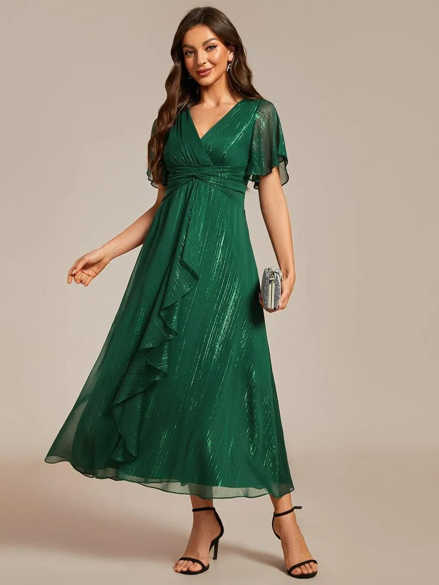 Silver Metallic Fabric V-Neck A-Line Evening Dress Featuring Delicate Ruffled Hem