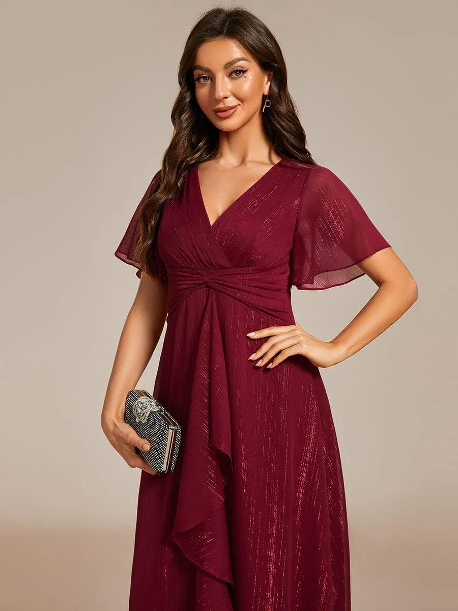 Silver Metallic Fabric V-Neck A-Line Evening Dress Featuring Delicate Ruffled Hem