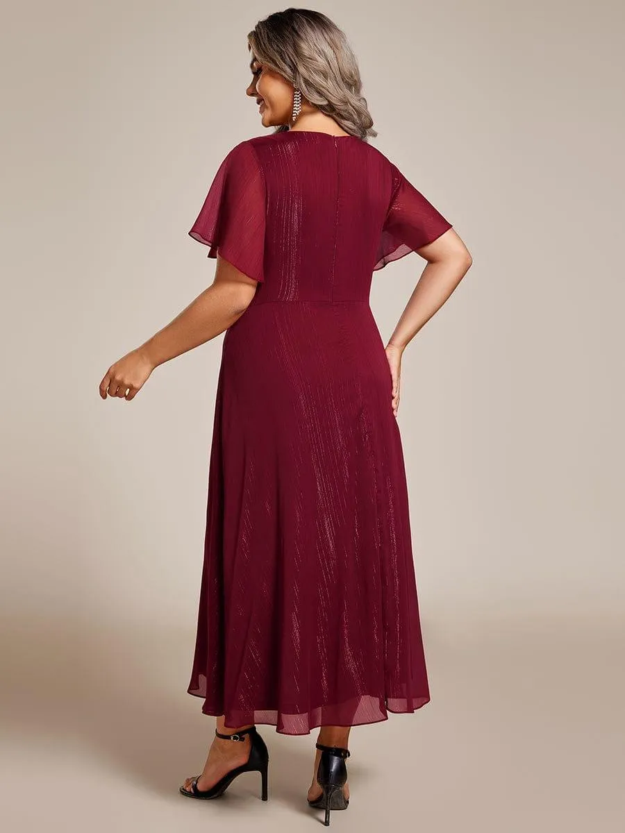 Silver Metallic Fabric V-Neck A-Line Evening Dress Featuring Delicate Ruffled Hem