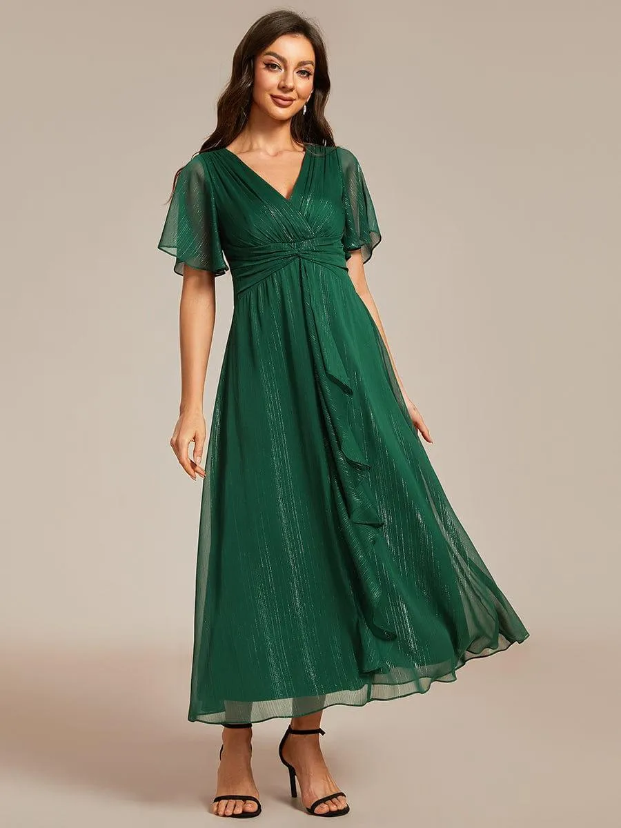 Silver Metallic Fabric V-Neck A-Line Evening Dress Featuring Delicate Ruffled Hem