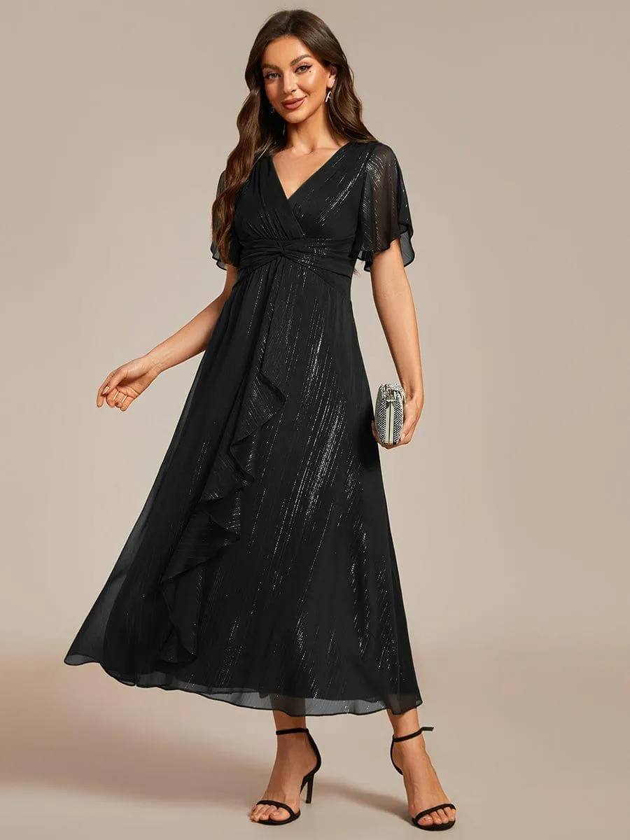 Silver Metallic Fabric V-Neck A-Line Evening Dress Featuring Delicate Ruffled Hem