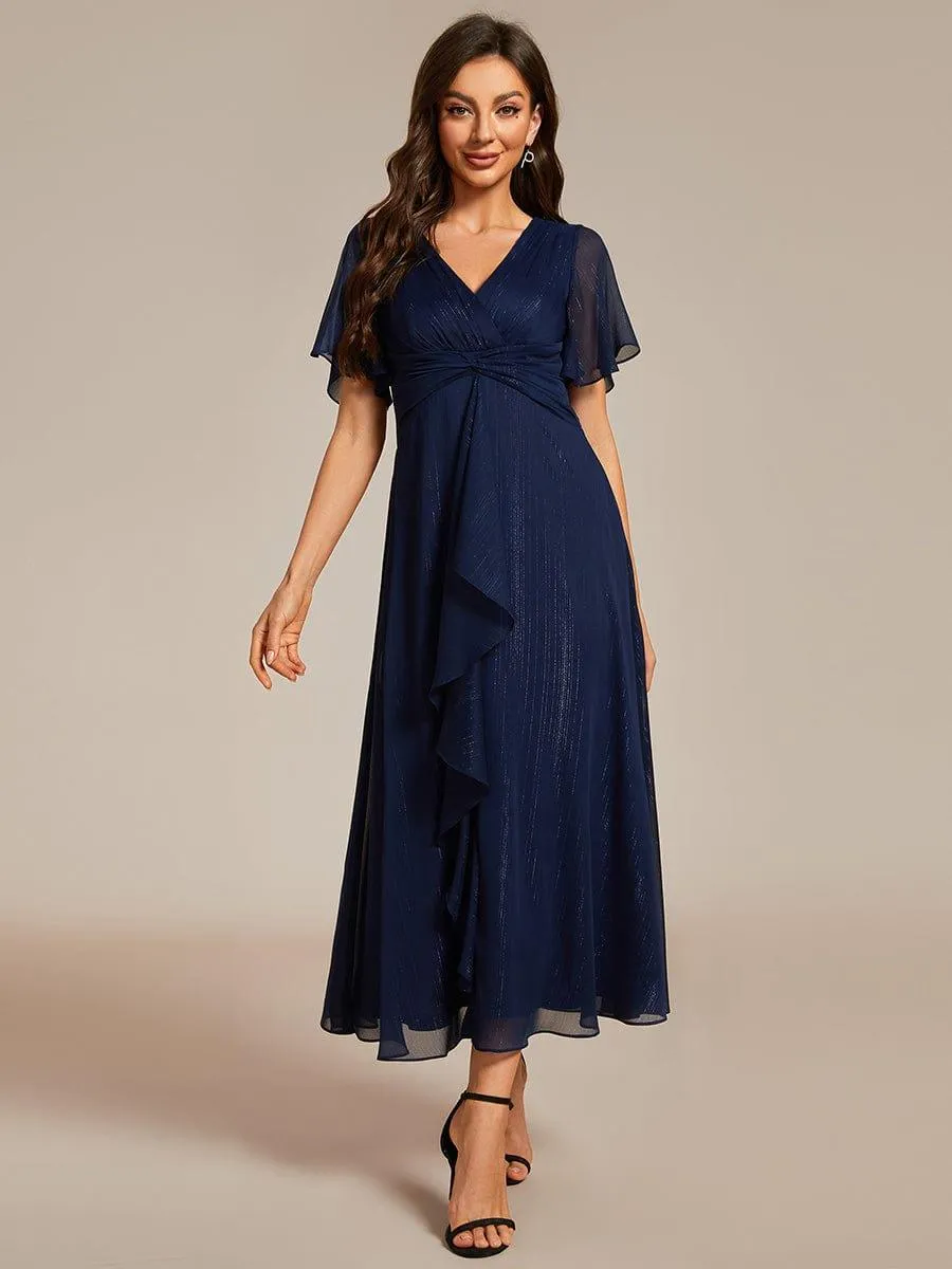 Silver Metallic Fabric V-Neck A-Line Evening Dress Featuring Delicate Ruffled Hem