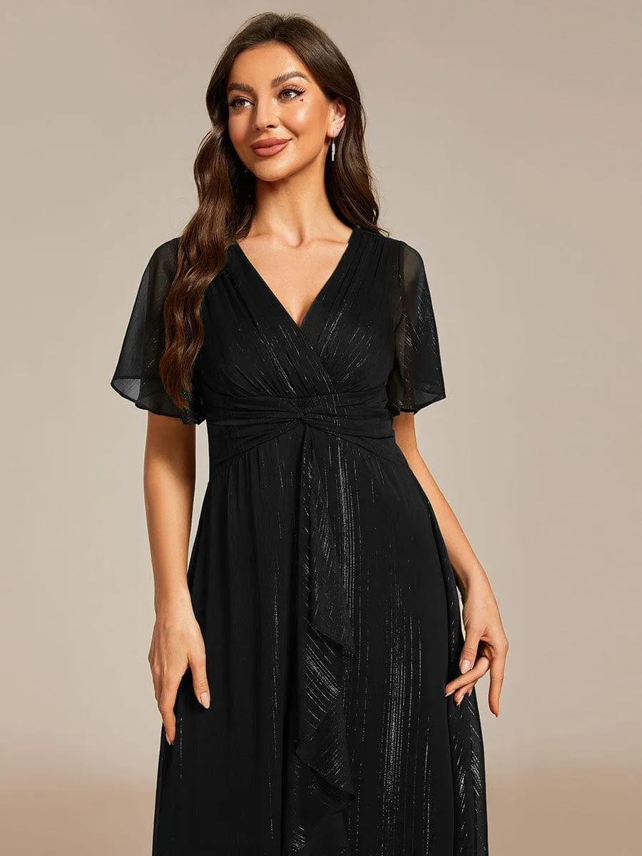 Silver Metallic Fabric V-Neck A-Line Evening Dress Featuring Delicate Ruffled Hem