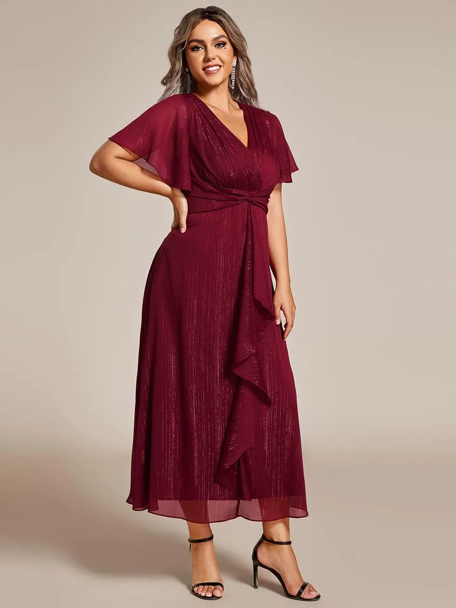 Silver Metallic Fabric V-Neck A-Line Evening Dress Featuring Delicate Ruffled Hem