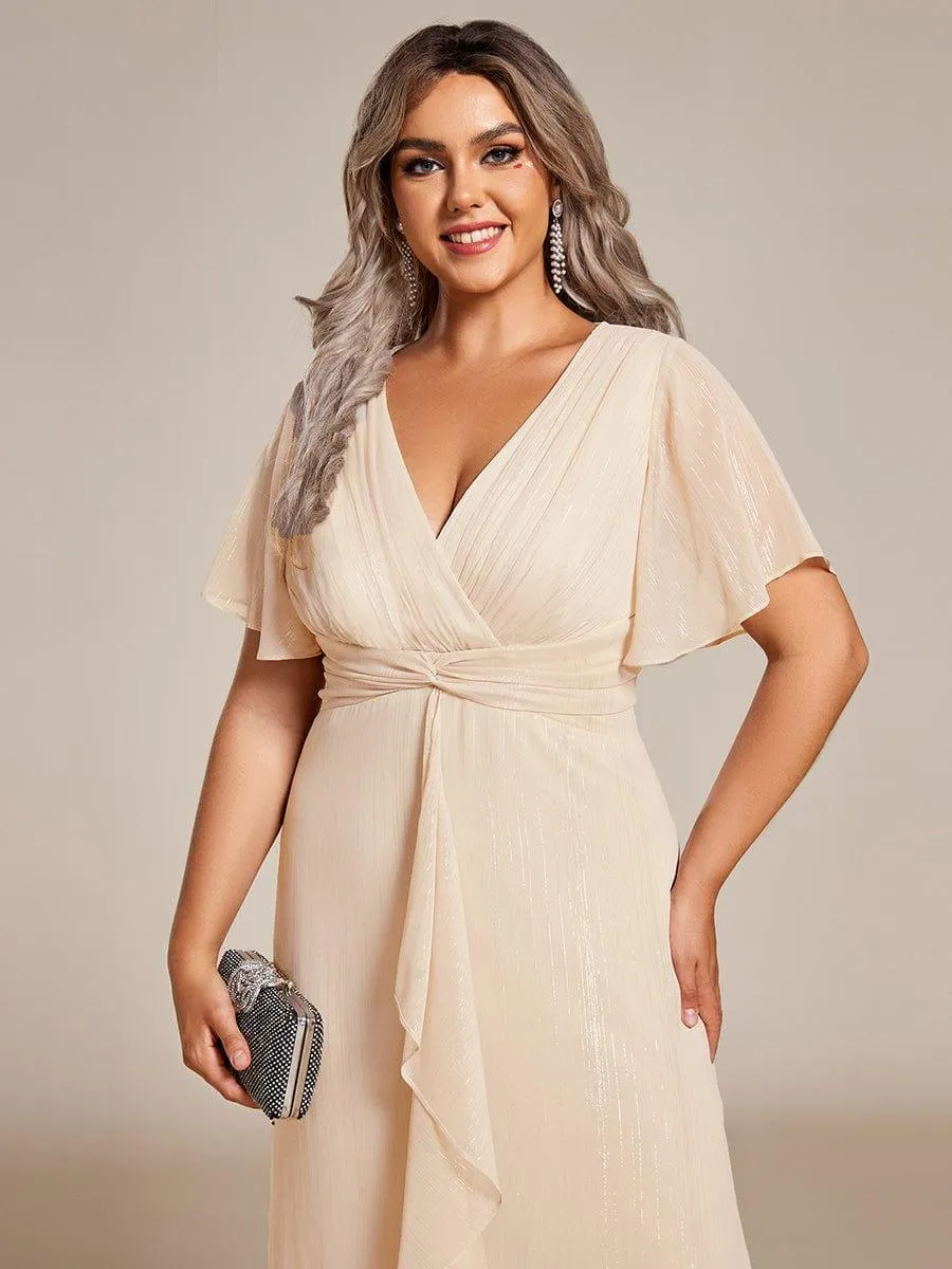 Silver Metallic Fabric V-Neck A-Line Evening Dress Featuring Delicate Ruffled Hem